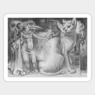 Mystical Sphinx Cat and Egyptian Goddess - Graphite Pencil Art Magnet